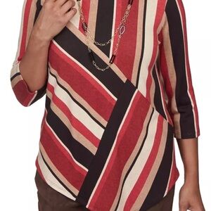 Spliced striped asymmetric hem top